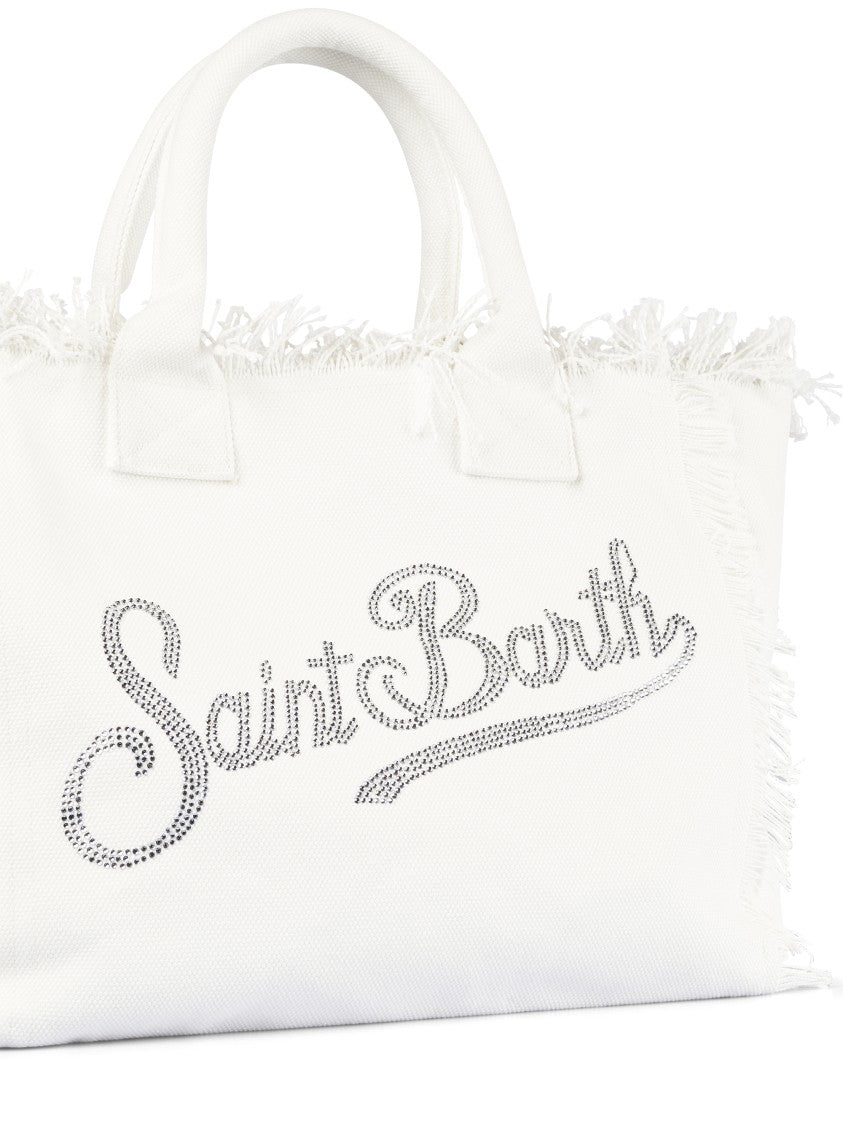 Mc2 Saint Barth Rectangular Cotton Vanity Shoulder Bag With Rhinestone Logo