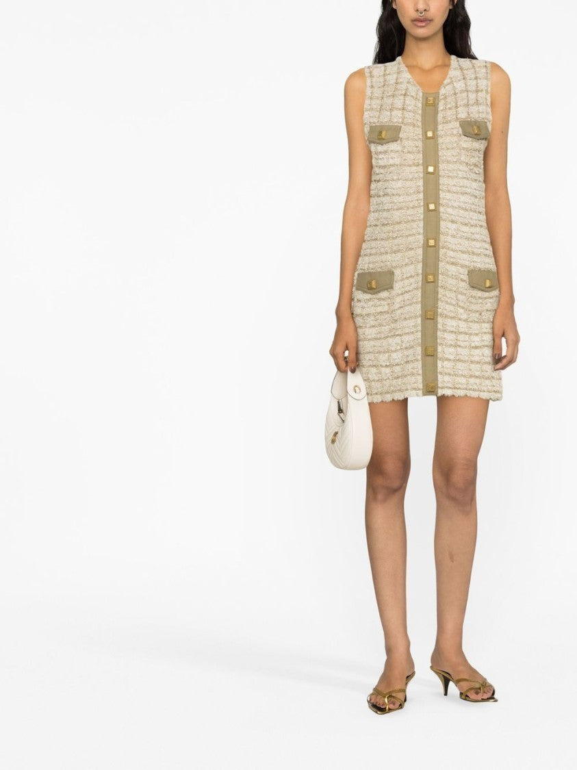 Balmain Checkered Tweed Short Sleeveless Mini Dress