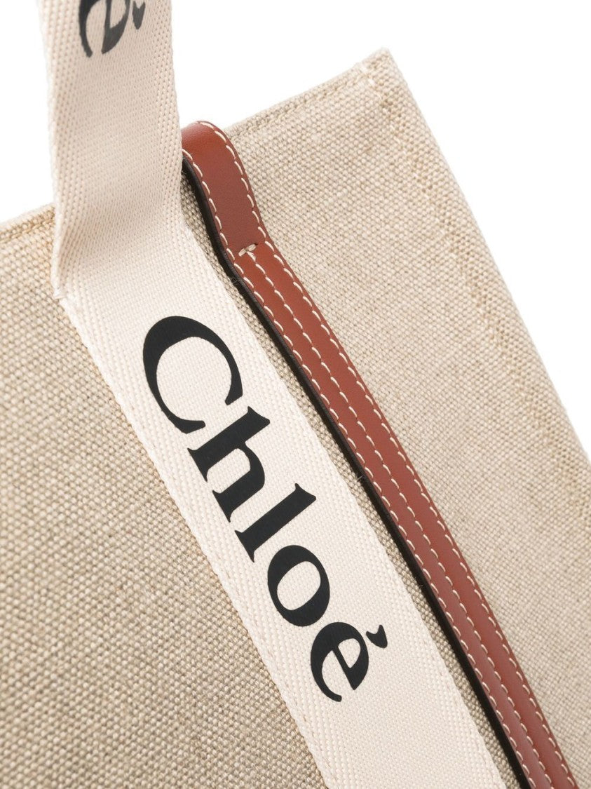 Chloé Beige Woody Medium Linen Tote Bag