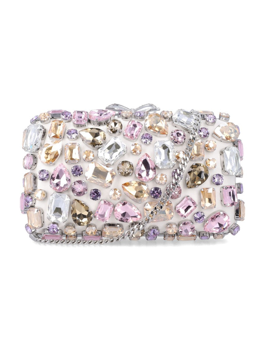 Self-Portrait Multi Crystal Embellished Satin Clutch With Silver Bow Detail
