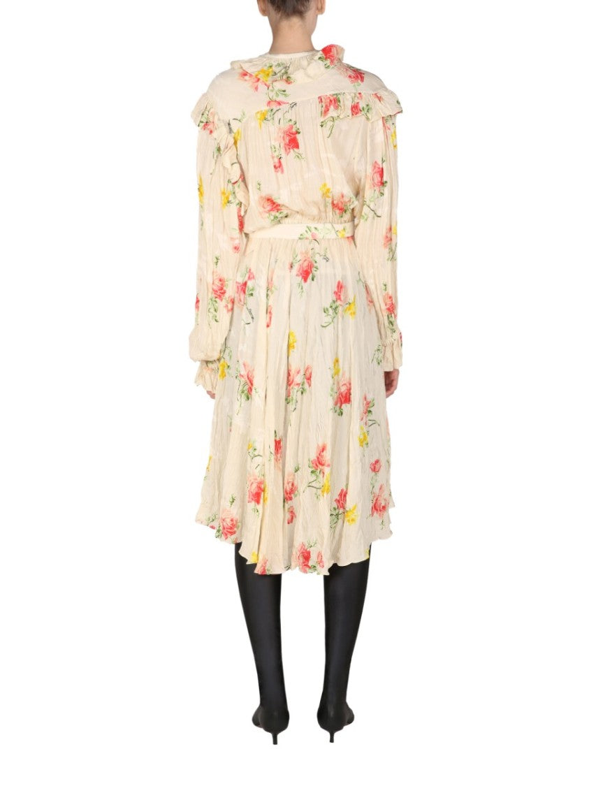 Balenciaga Floral Dress With Drawstring Collar And Flowing Silhouette