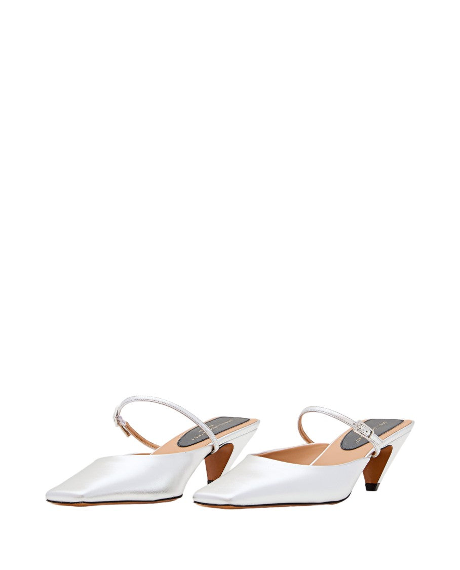 Stella Mccartney Pointed Toe Mules With Metallic Finish And Unique Heel