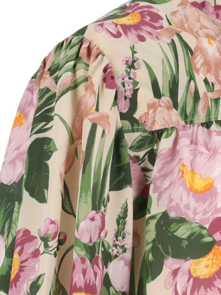 Chloé Silk Lavallière Shirt, Beige, Multicolor Floral Print Motif