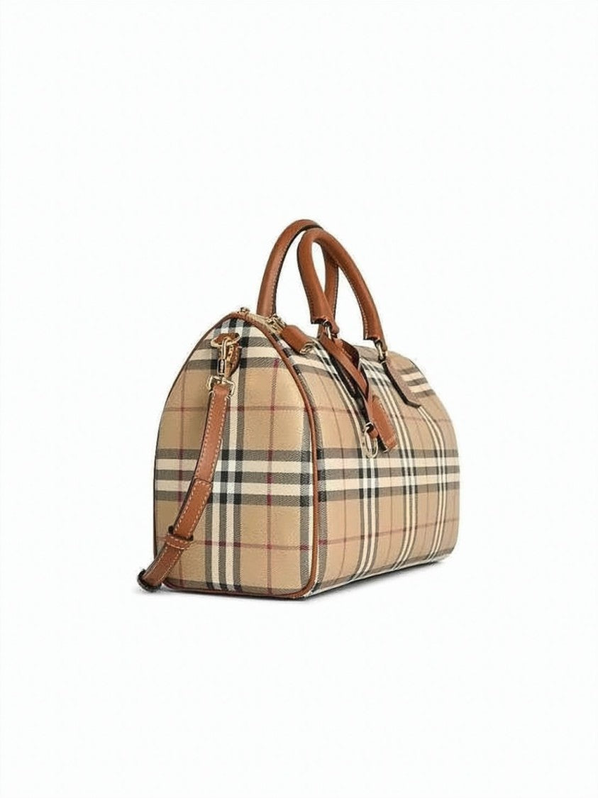 Burberry Medium Check Pattern Bowling Bag With Leather Accents