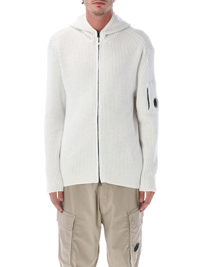 C.P. Company White Ribbed Knit Hooded Cardigan