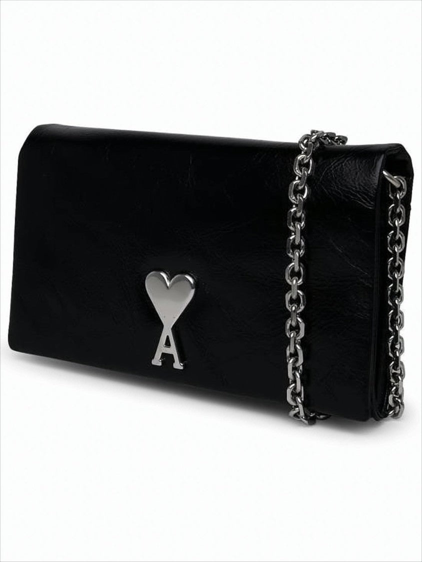 Ami Paris Rectangular Black Cow Leather Shoulder Bag
