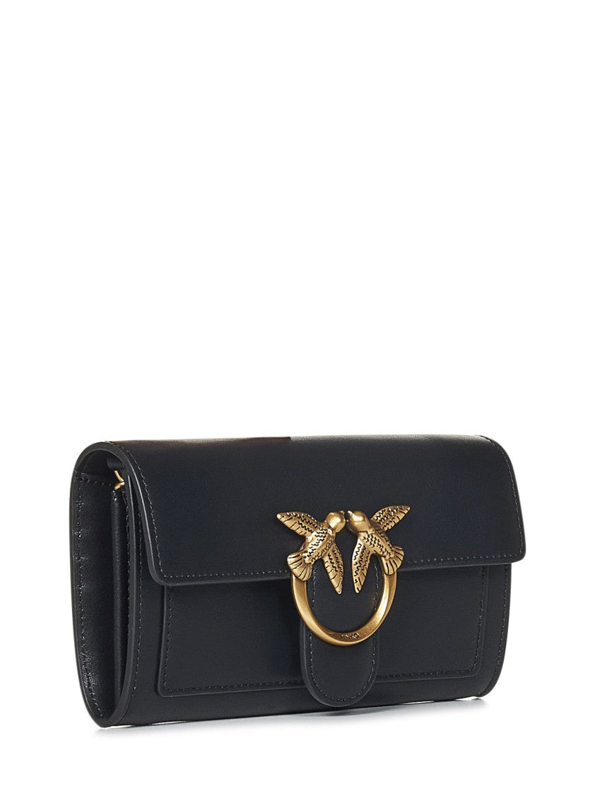 Pinko Chain-Shoulder Black Wallet With Love Birds Buckle