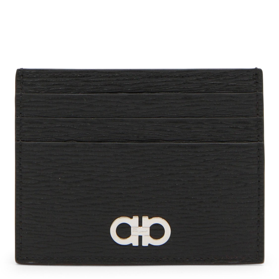 Ferragamo Textured Leather Gancini Card Holder With Silver Emblem