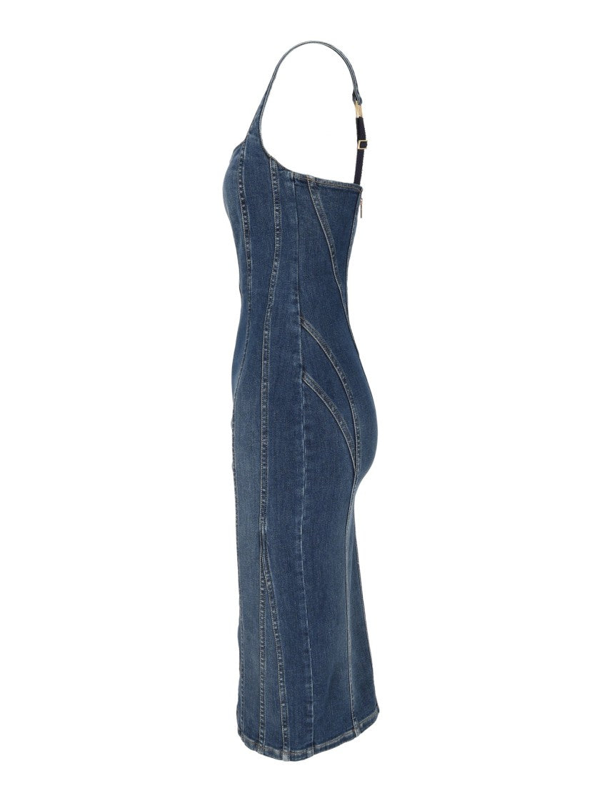Elisabetta Franchi Denim Fitted Square Neck Day Dress