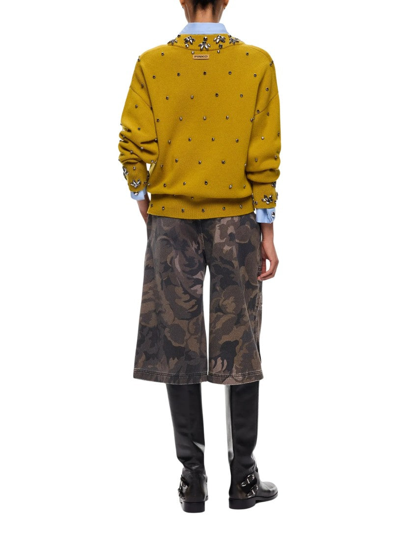 Pinko Mustard Brown Crystal V-Neck Wool-Cashmere Sweater