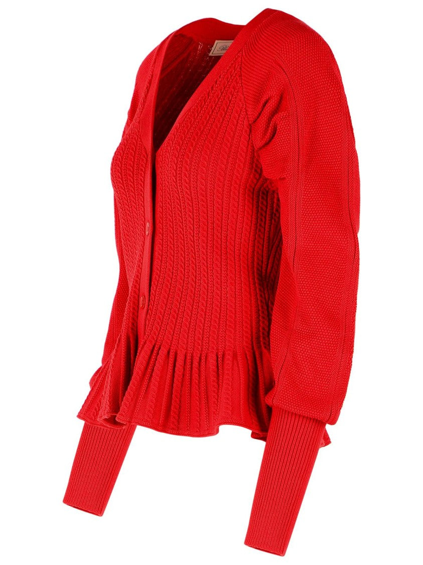 Blumarine Red Ribbed Ruffle-Hem Knit Cardigan