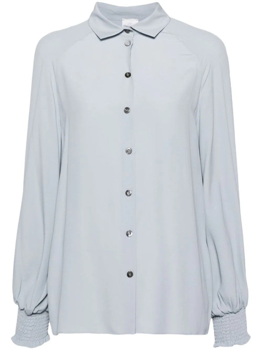 Eleventy Blue Long Sleeve Smocked Cuffs Silk-Blend Shirt