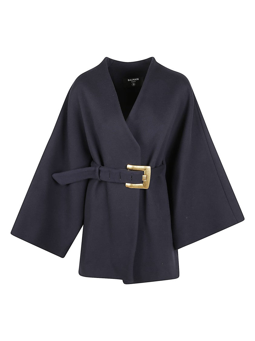 Balmain Structured Cape With Wide Sleeves And Gold Buckle