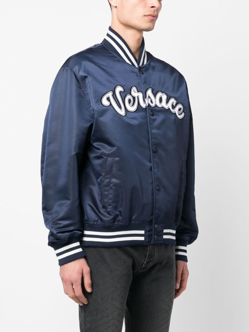 Versace Navy Blue Logo-Patch Bomber Jacket