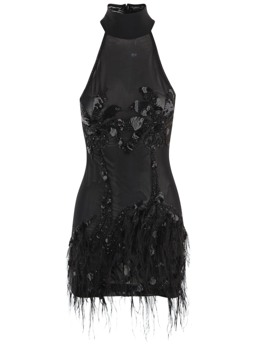 Just Cavalli Technical Jersey Mini Dress With Feathered Hem And Decorative Embellishments