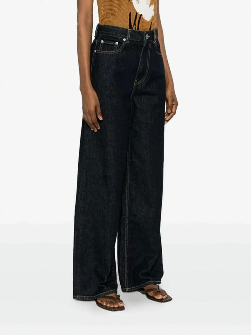 Ganni Dark Indigo Wide-Leg Denim Pants With High Waist
