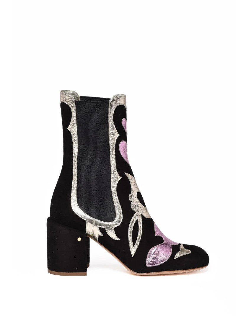 Laurence Dacade Black Metallic Embroidered Suede Ankle Boots