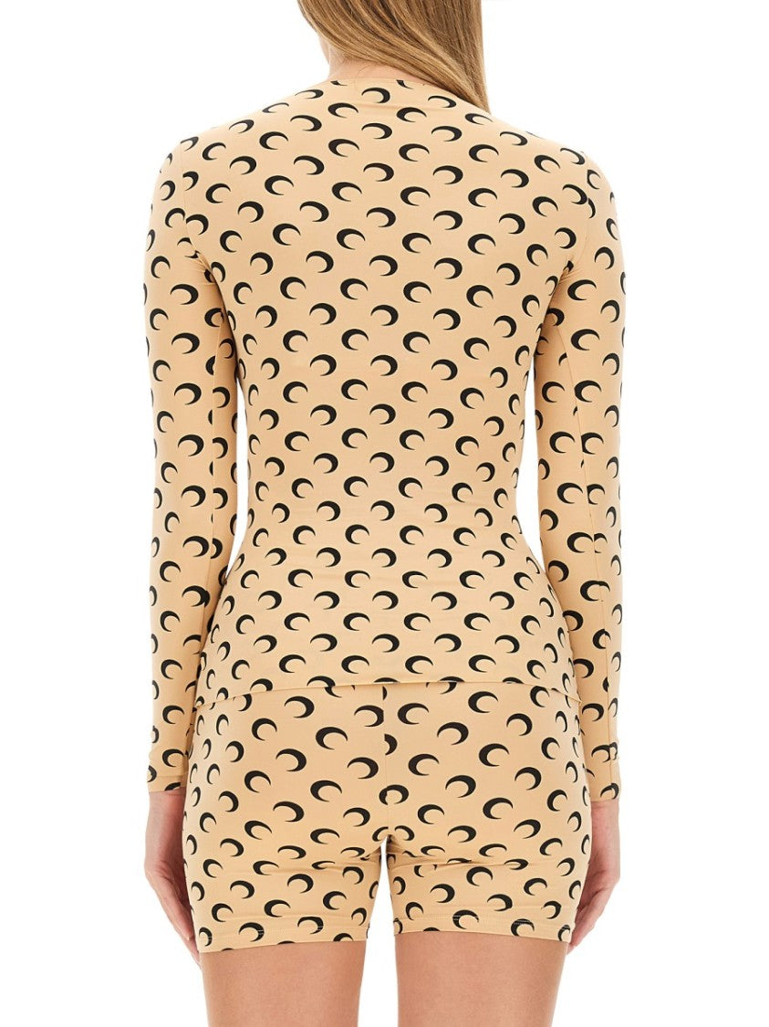Marine Serre Fitted Long-Sleeve Top With Crescent Moon Pattern