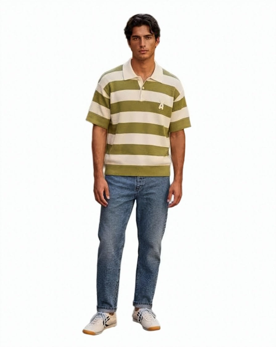 Ami Paris Olive Green Striped Polo Shirt With Embroidered Heart Logo
