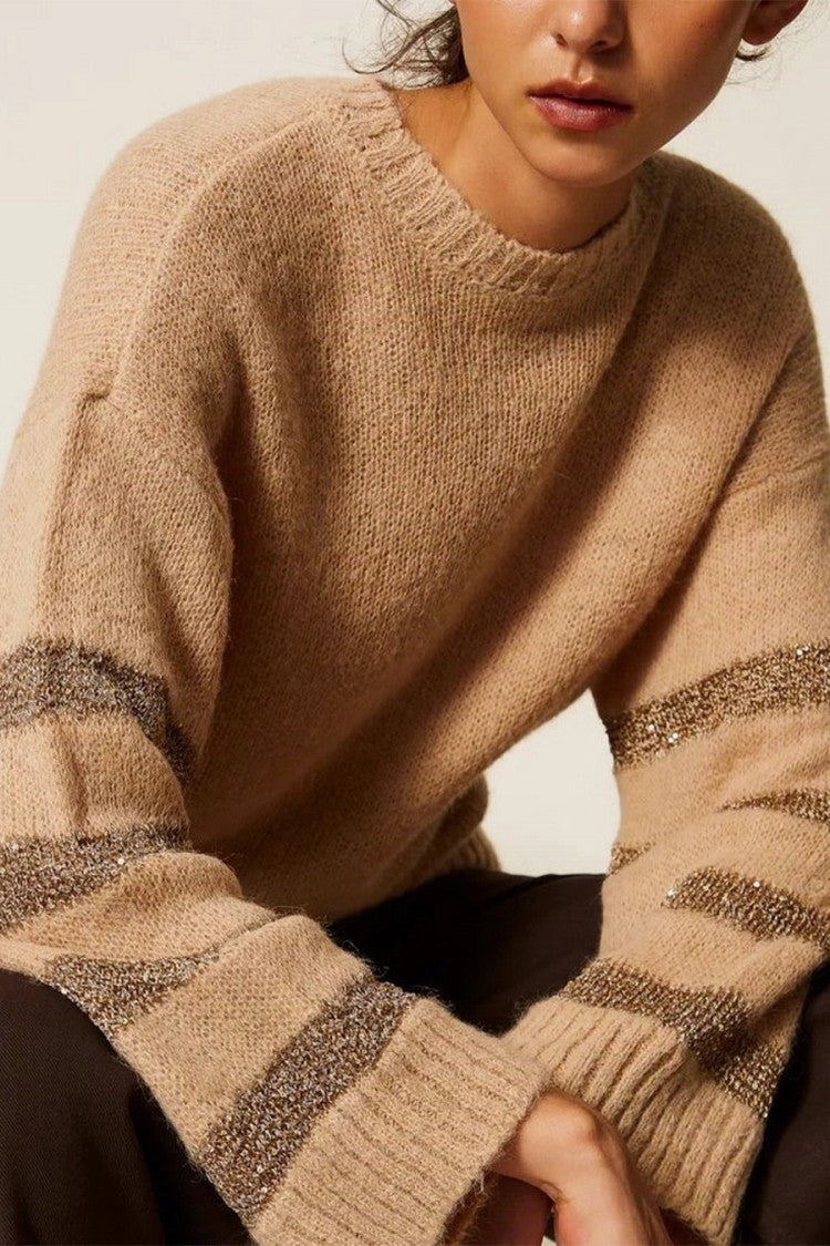 Twin-Set Camel Polyamide-Alpaca Blend Metallic-Stripe Sweater