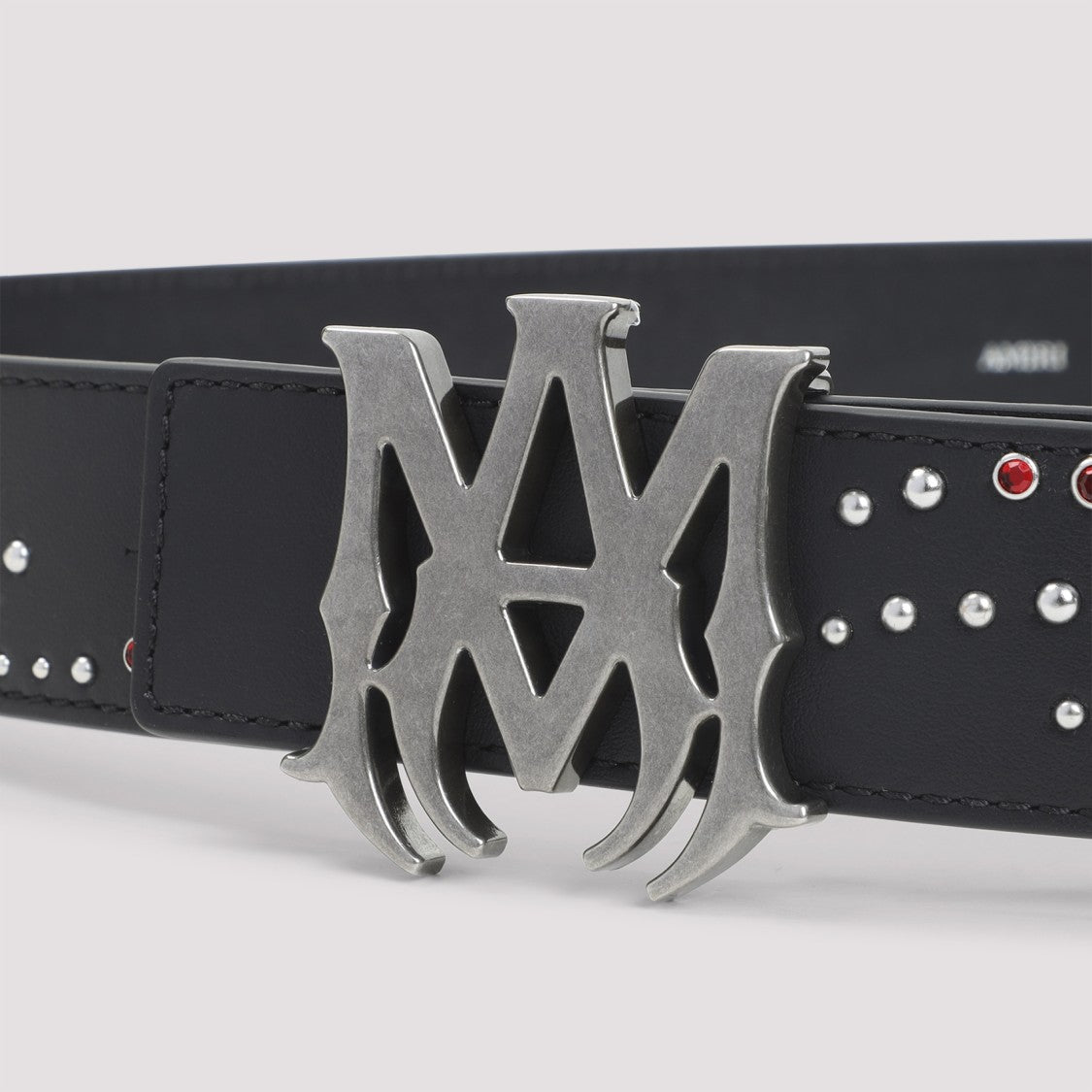 Amiri Black Leather Belt With Silver And Red Stud Embellishments