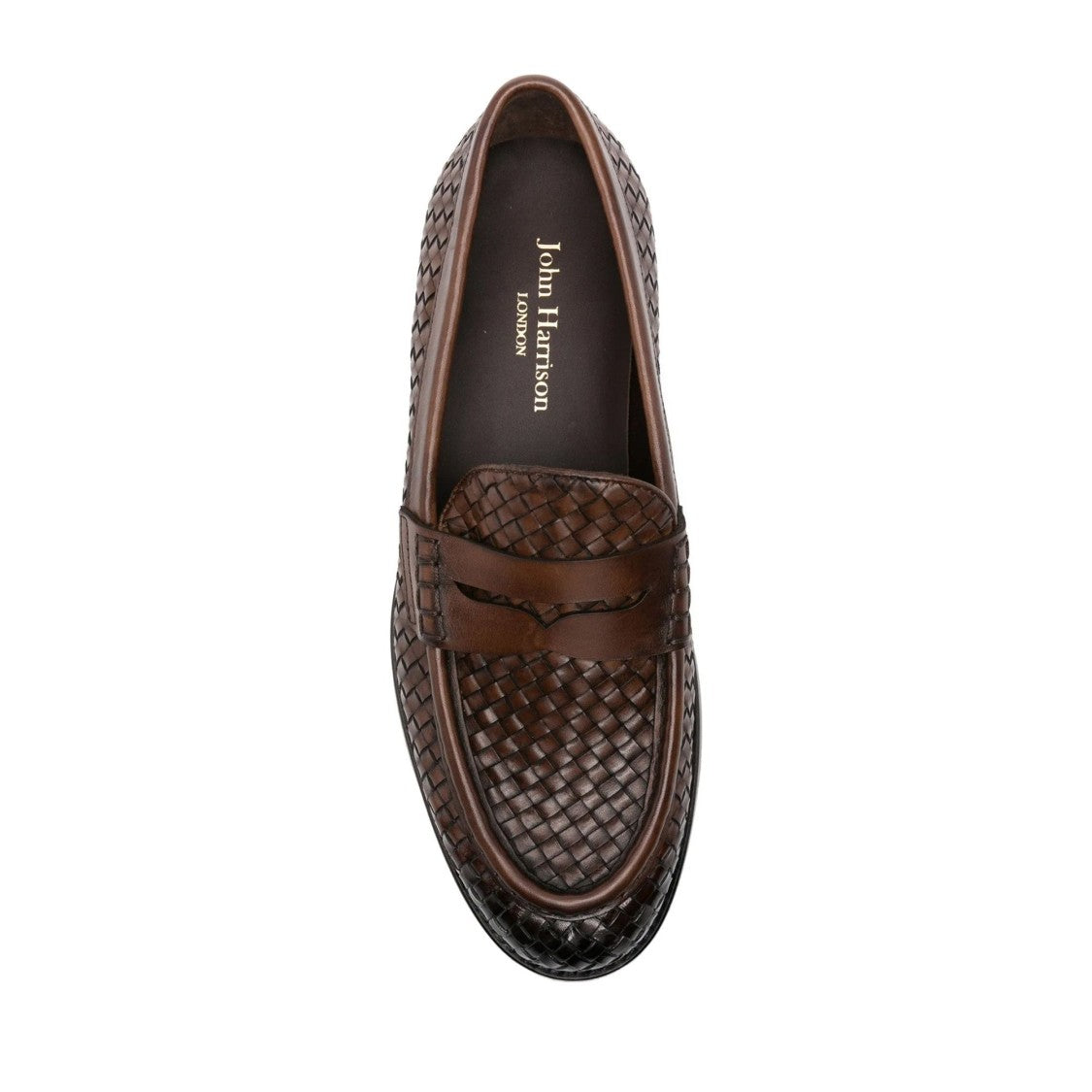 John Harrison Brown Woven Leather Penny Strap Loafers
