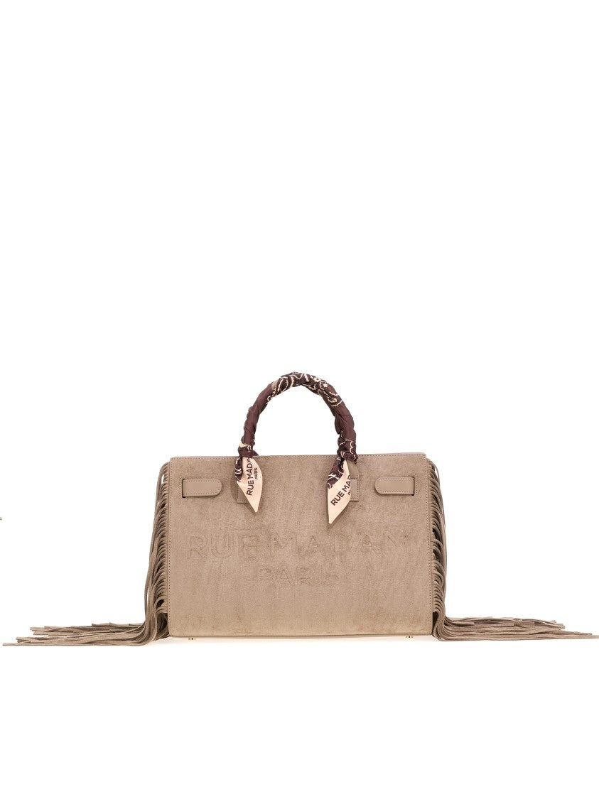Rue Madam Paris Rectangular Suede Tote Bag With Fringes And Patterned Handles
