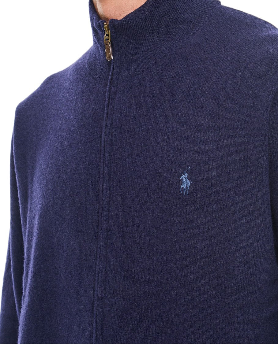 Polo Ralph Lauren Blue Ribbed-Trim High Neck Full-Zip Sweater
