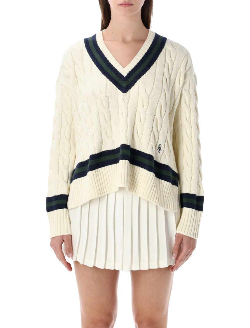 Sporty And Rich Cotton Cableknit V-Neck Sweater