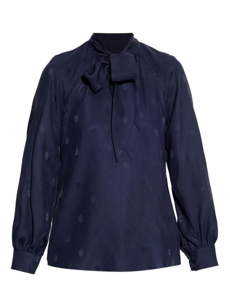 Etro Blue Silk Tied Bow Puff Sleeve Long-Sleeve Shirt