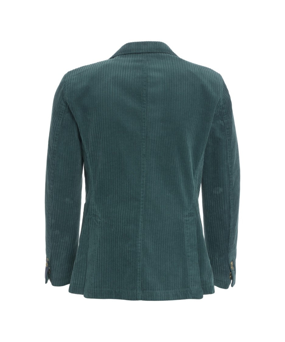 Bharnaba Textured Green Corduroy Blazer With Notch Lapel And Tailored Fit