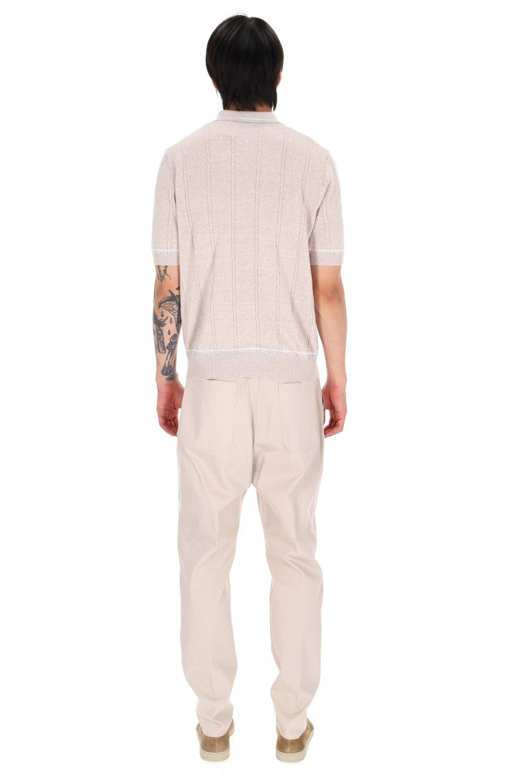Eleventy Beige Cable-Knit Linen-Cotton Polo Shirt