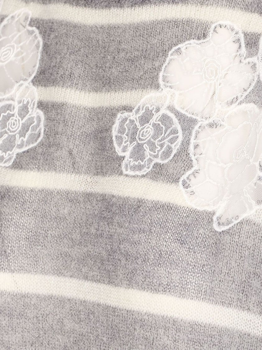 Twin-Set Grey Striped Sweater With Lace Floral Embellishment And Embroidered Detail