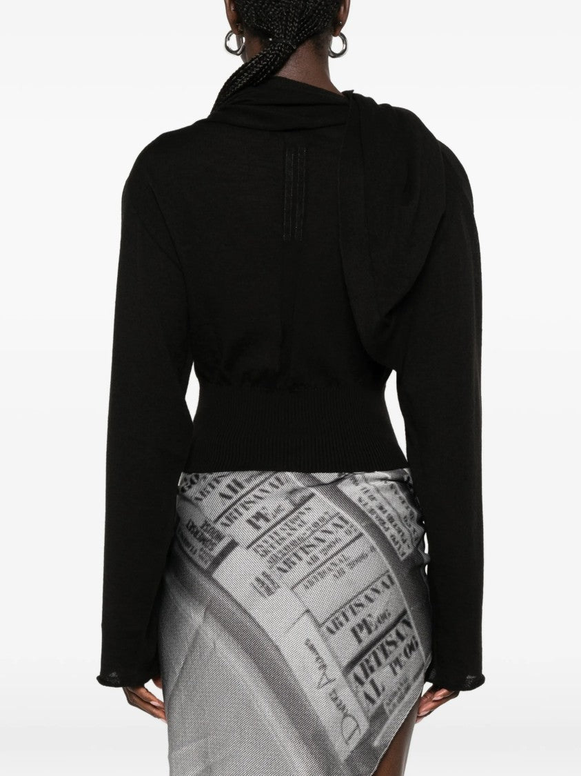 Rick Owens Cropped Black Long-Sleeved Top With Scarf-Inspired Neckline