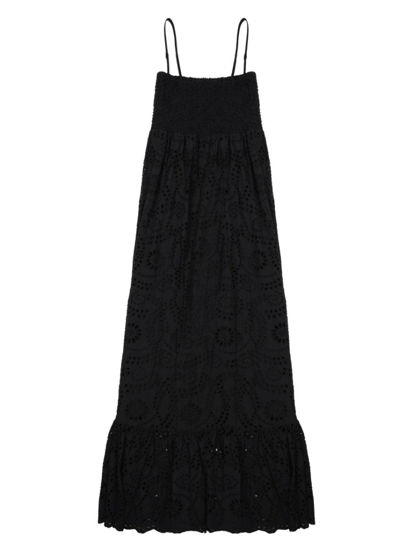 Mc2 Saint Barth Sleeveless Black Midi Dress With Intricate Eyelet Design
