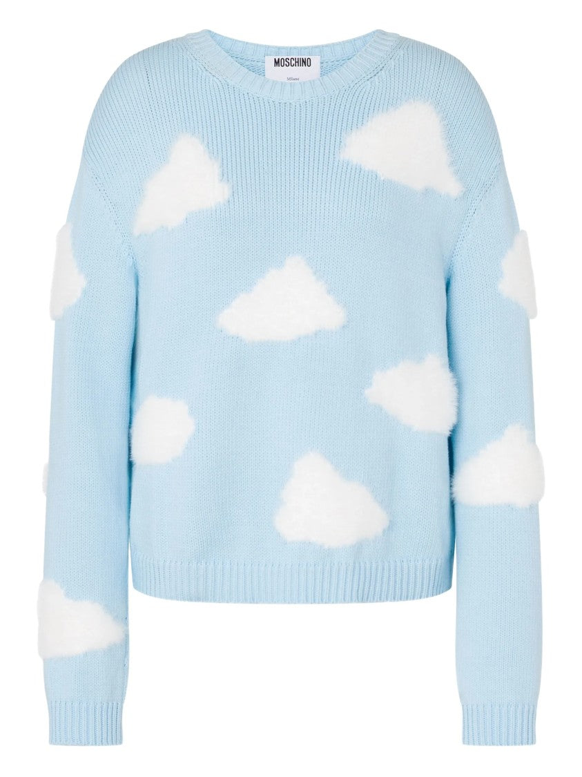 Moschino Light Blue Knitted Sweater With Cloud Patterns
