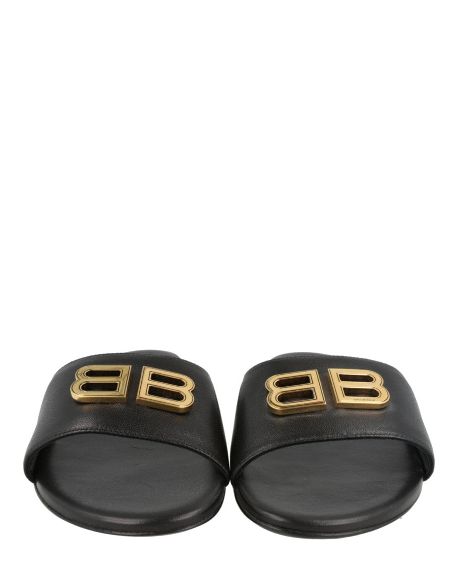 Balenciaga Slide-On Black Sandals With Gold-Tone Double Bb Logo