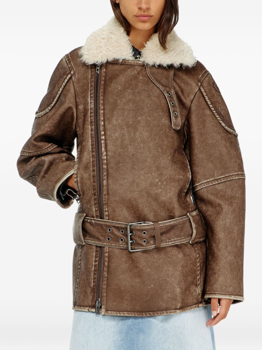 Diesel Distressed Brown Leather Coat With Plush Shearling Collar