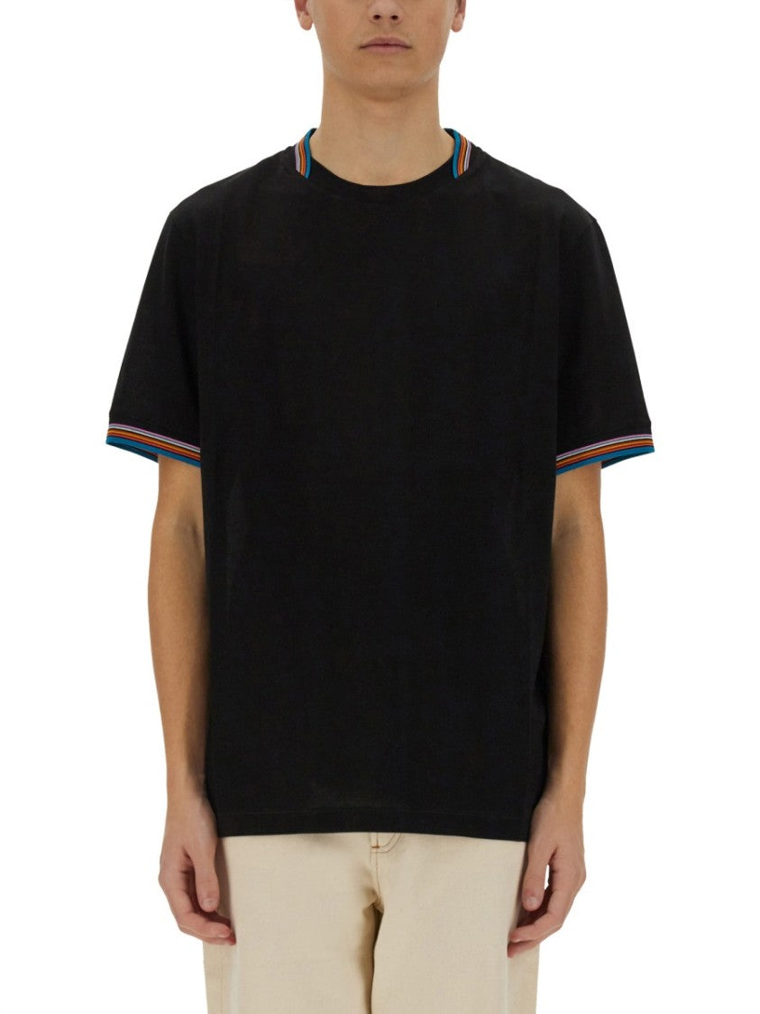 Paul Smith Black Cotton T-Shirt With Colorful Striped Detailing