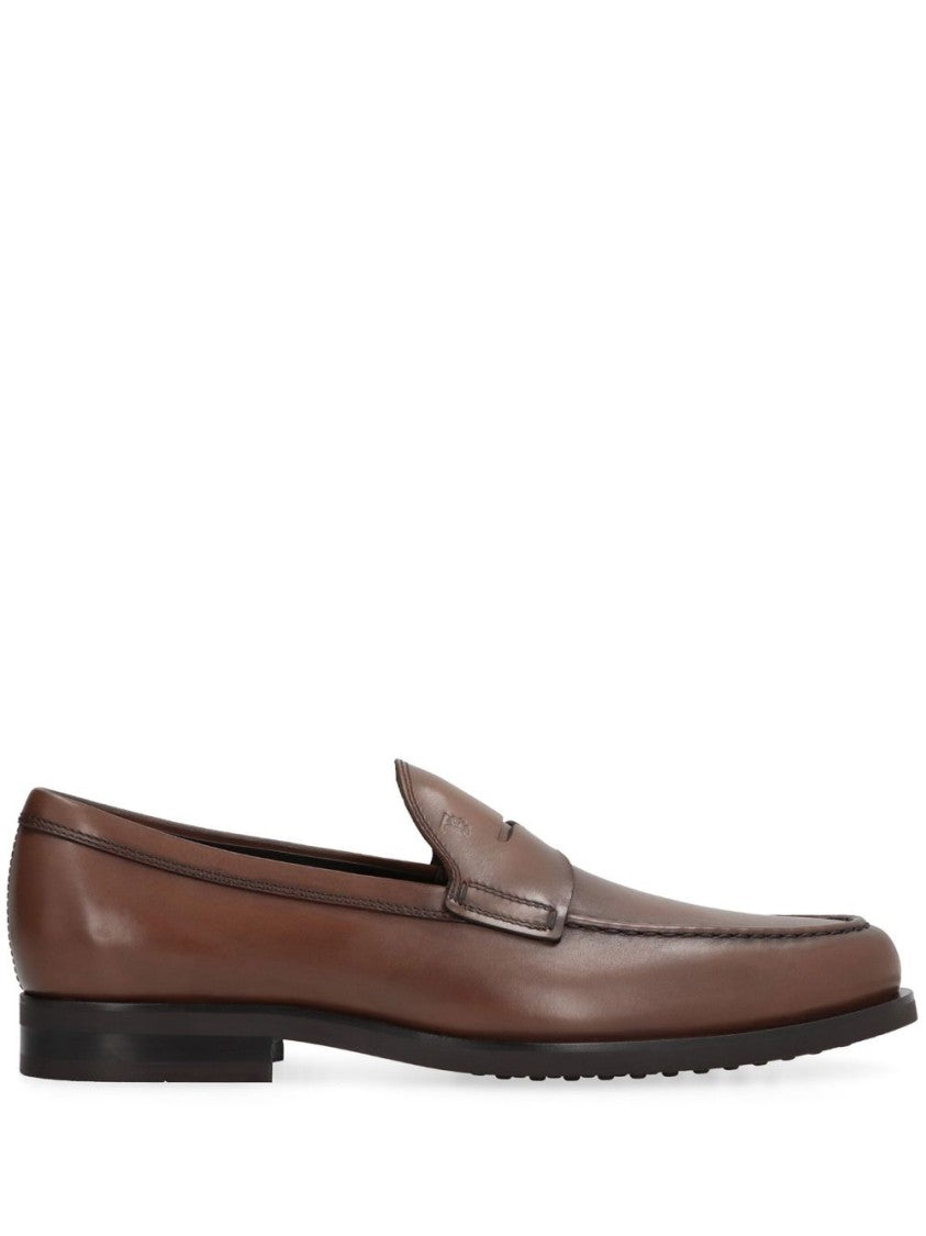 Tod's Brown Leather Moccasin Sandals With Polished Finish