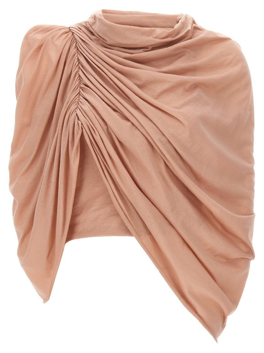 Rick Owens Draped Neutral Cotton Crew Neck Top