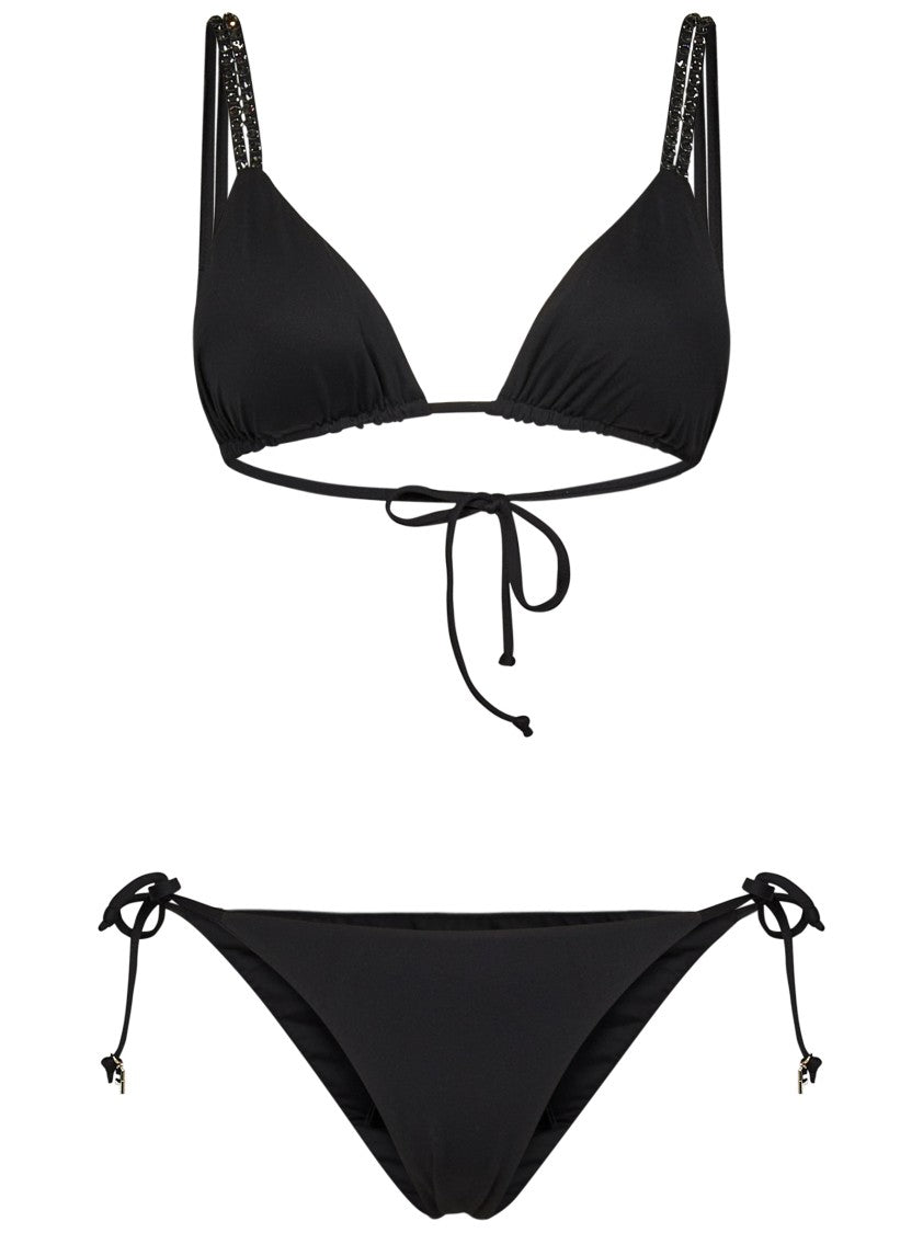 Fisico Microfiber Black Bikini With Crystal-Embellished Shoulder Straps