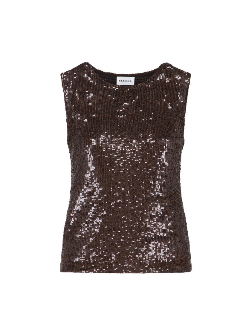 Parosh Brown Sequin Sleeveless Top