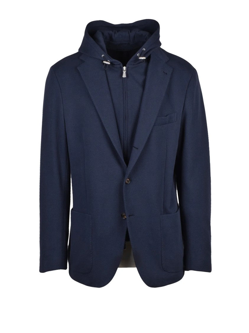 Eleventy Blue Cotton Polyamide Elastane Rounded Blazer Jacket