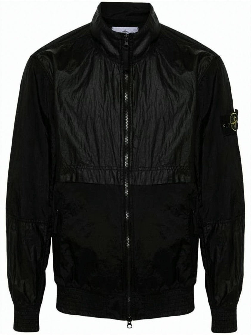 Stone Island Black High-Collar Jacket With Textured Panels