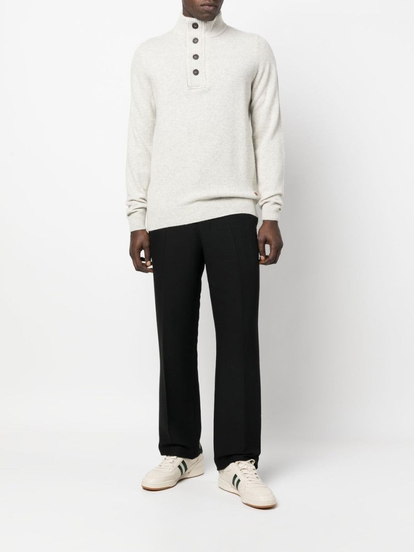 Barbour Pearl Grey Wool Ribbed Knit Sweater With Mock Neck And Button Placket