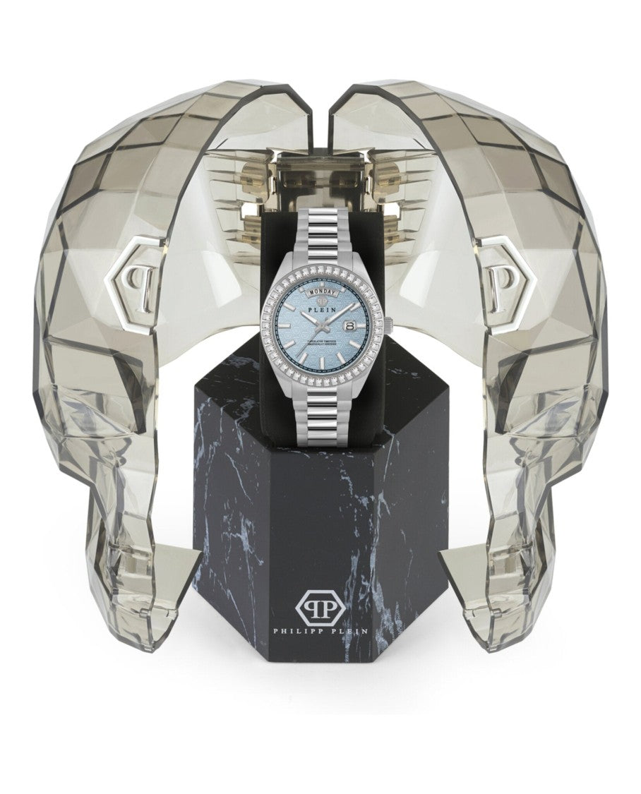 Philipp Plein Date Superlative Crystal Watch With Blue Guilloche Dial