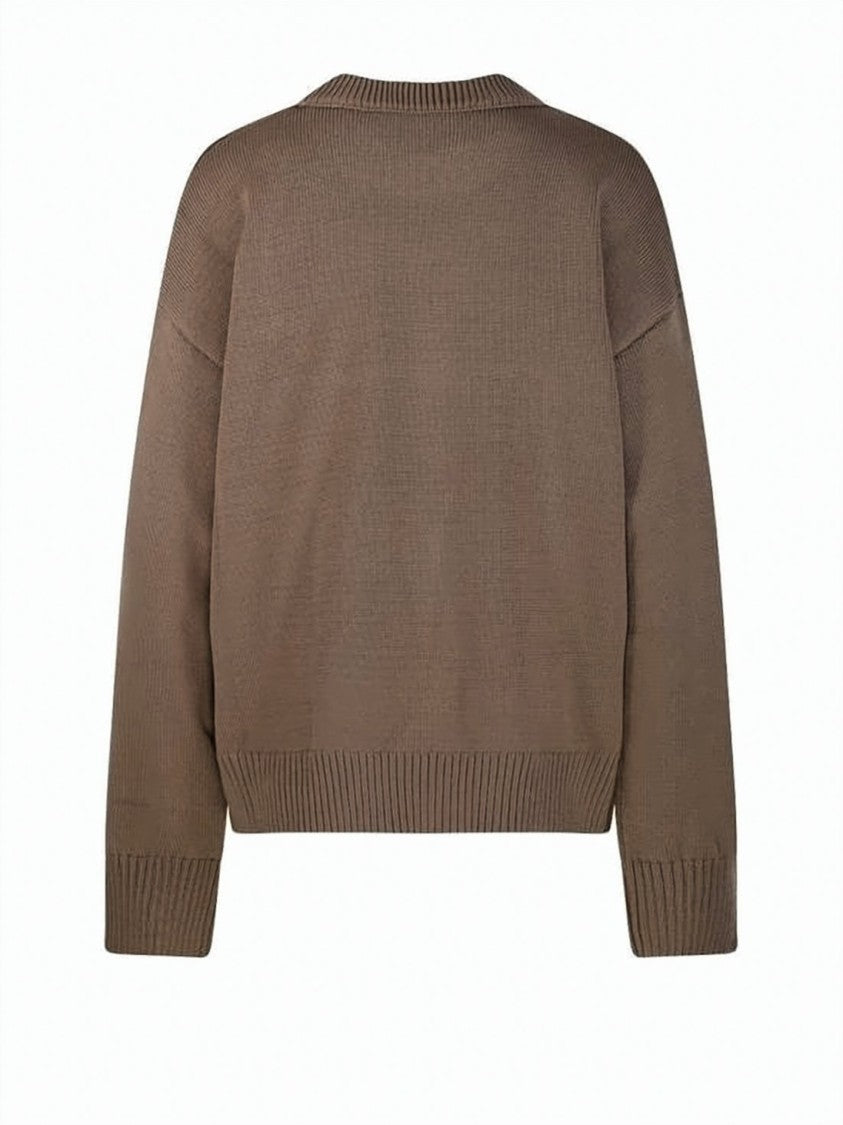Ami Paris Knit Crewneck Sweater With Heart Motif In Brown
