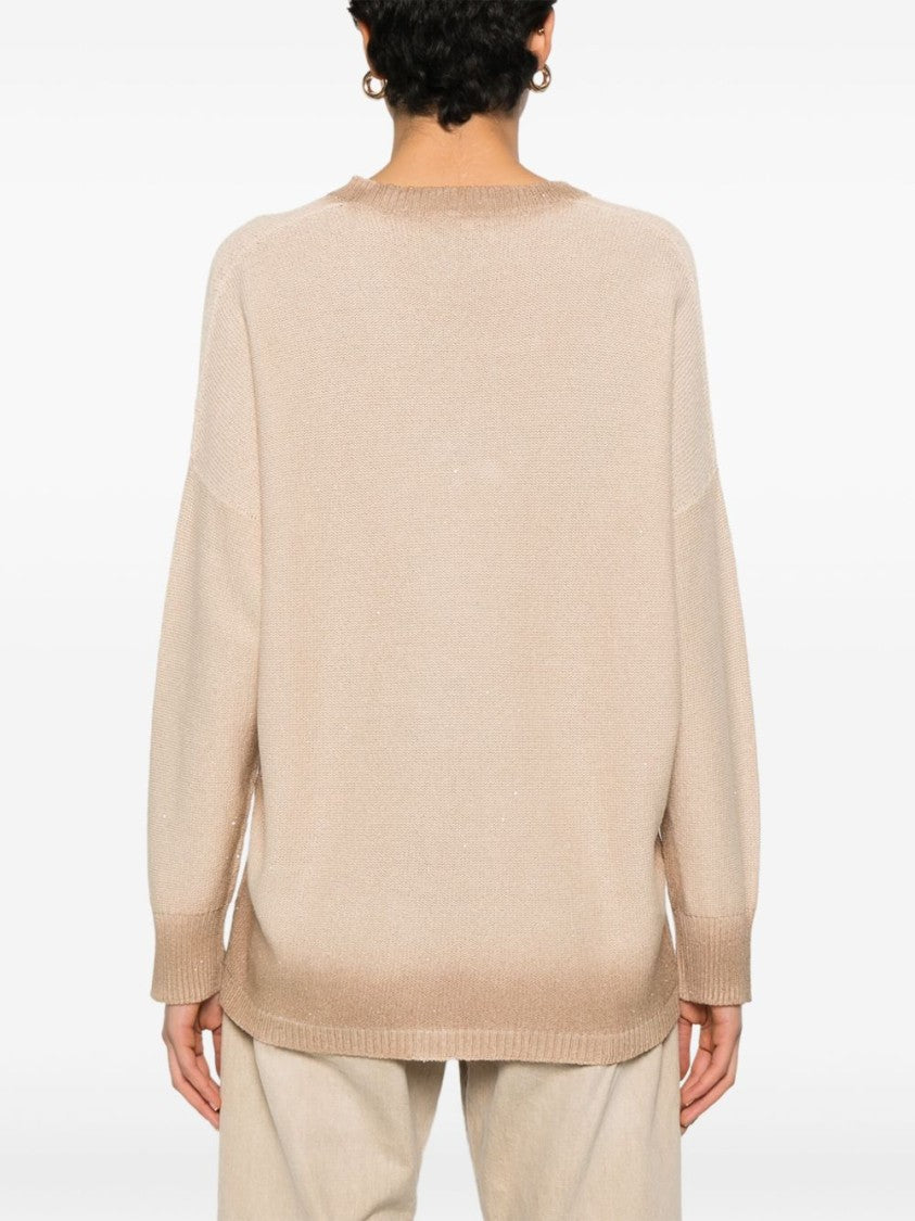 Fabiana Filippi Deep V-Neck Beige Sweatshirt With Relaxed Fit