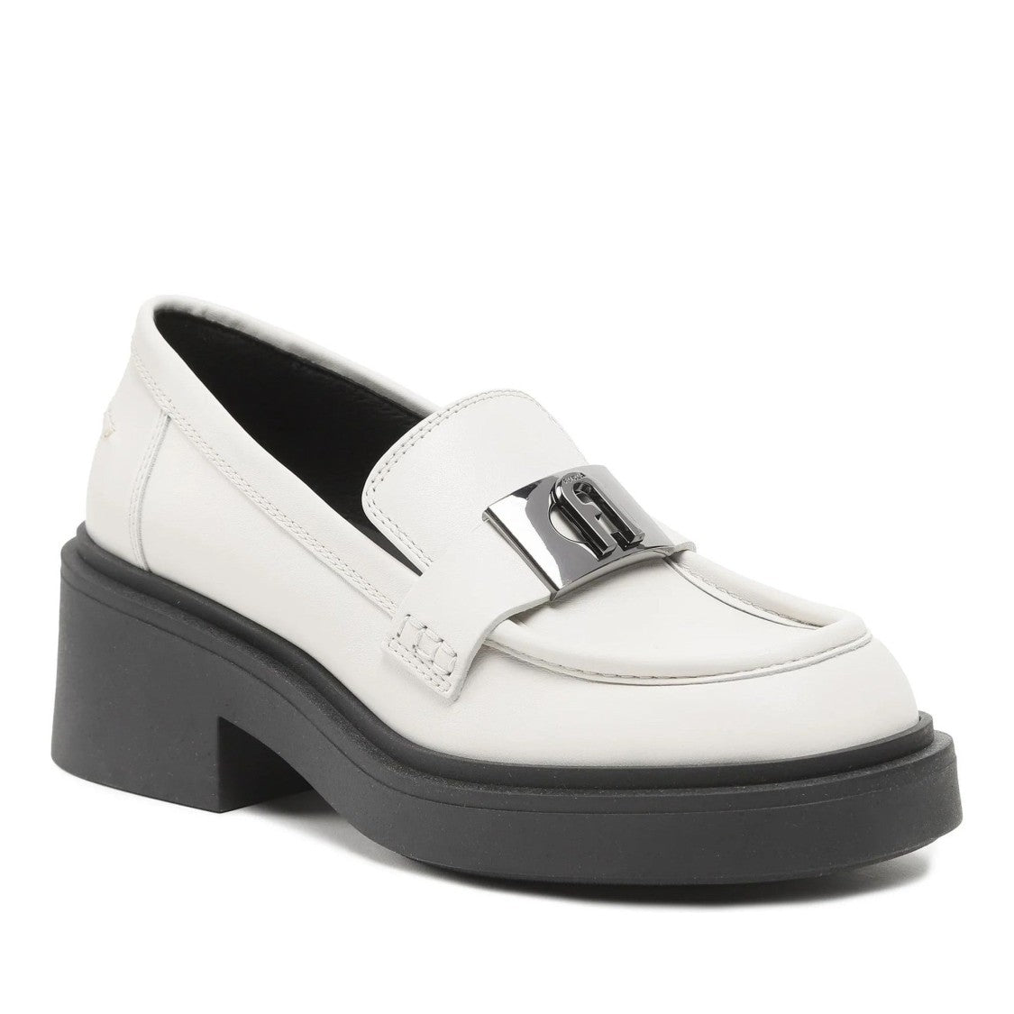 Furla White College Chunky Platform Metallic Buckle Leather Loafers